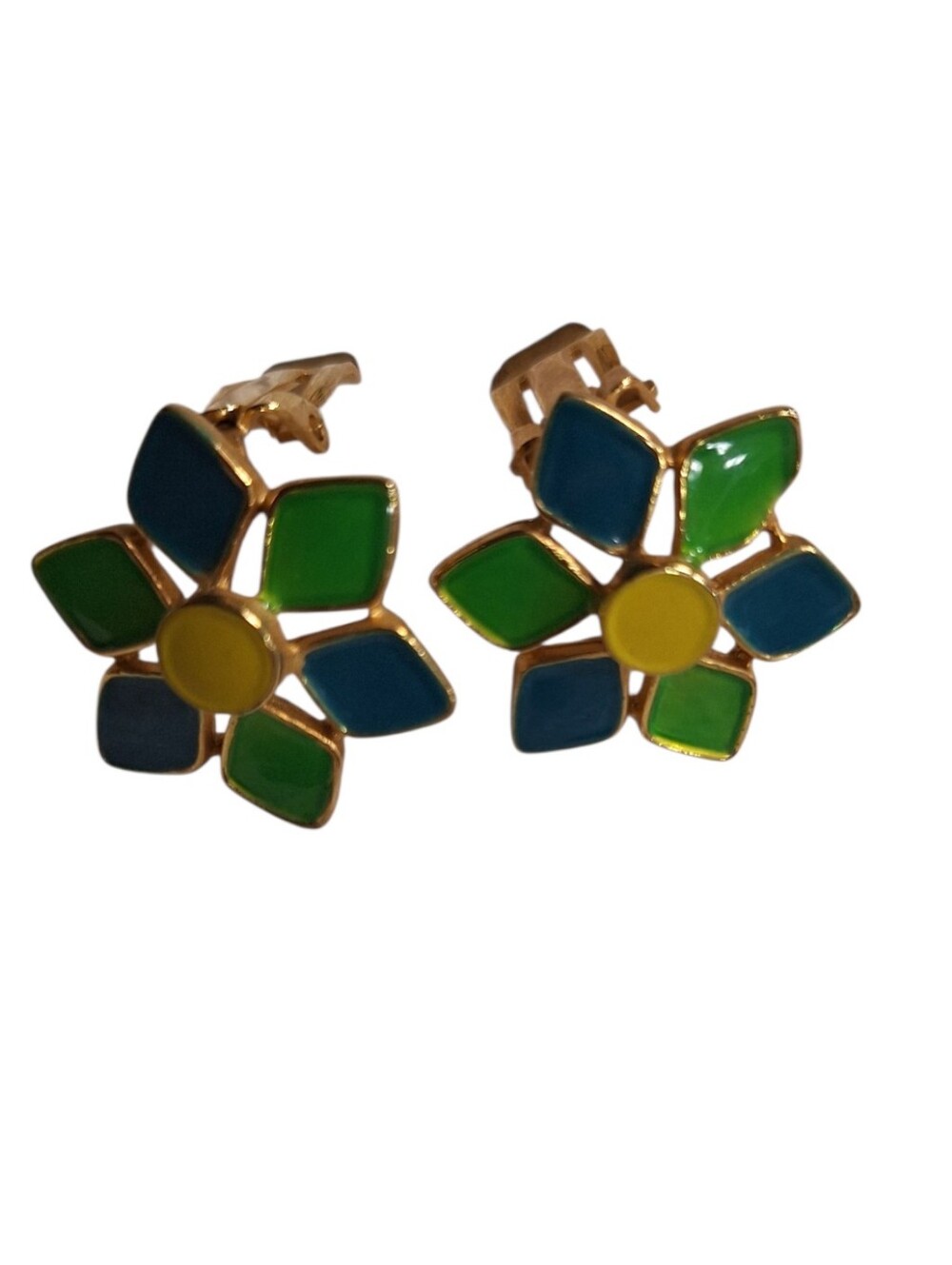 Gold-Tone Flower Clip-On Earrings in Blue, Green & Yellow Vintage 60's